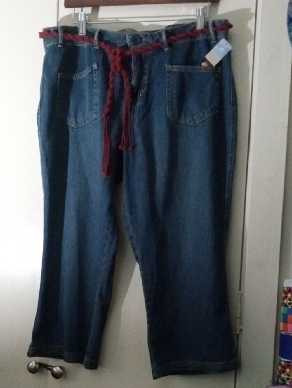 NWT Vintage Route 66 Dark Blue Cropped Jeans with Red Braided Waist Tie